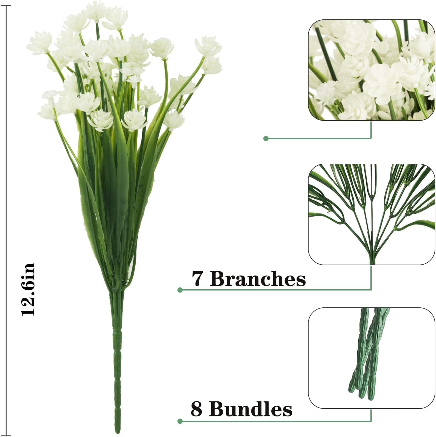 Outdoor Artificial Fake Flowers - 8 Bundles Plastic Flowers Outdoors Plants UV Resistant Faux Flowers for Indoor Outdoor Garden Hanging Porch Window Box Wedding Decor(White) - Image 2
