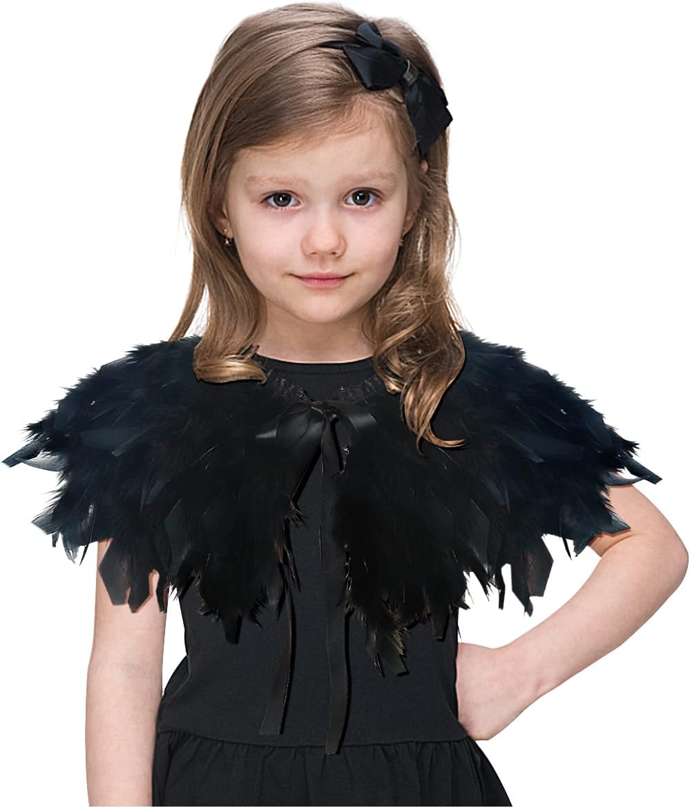 L'VOW Children Black Feathers Cape Shawls Gothic Clothing for Game Party Halloween (Black-Flakes)