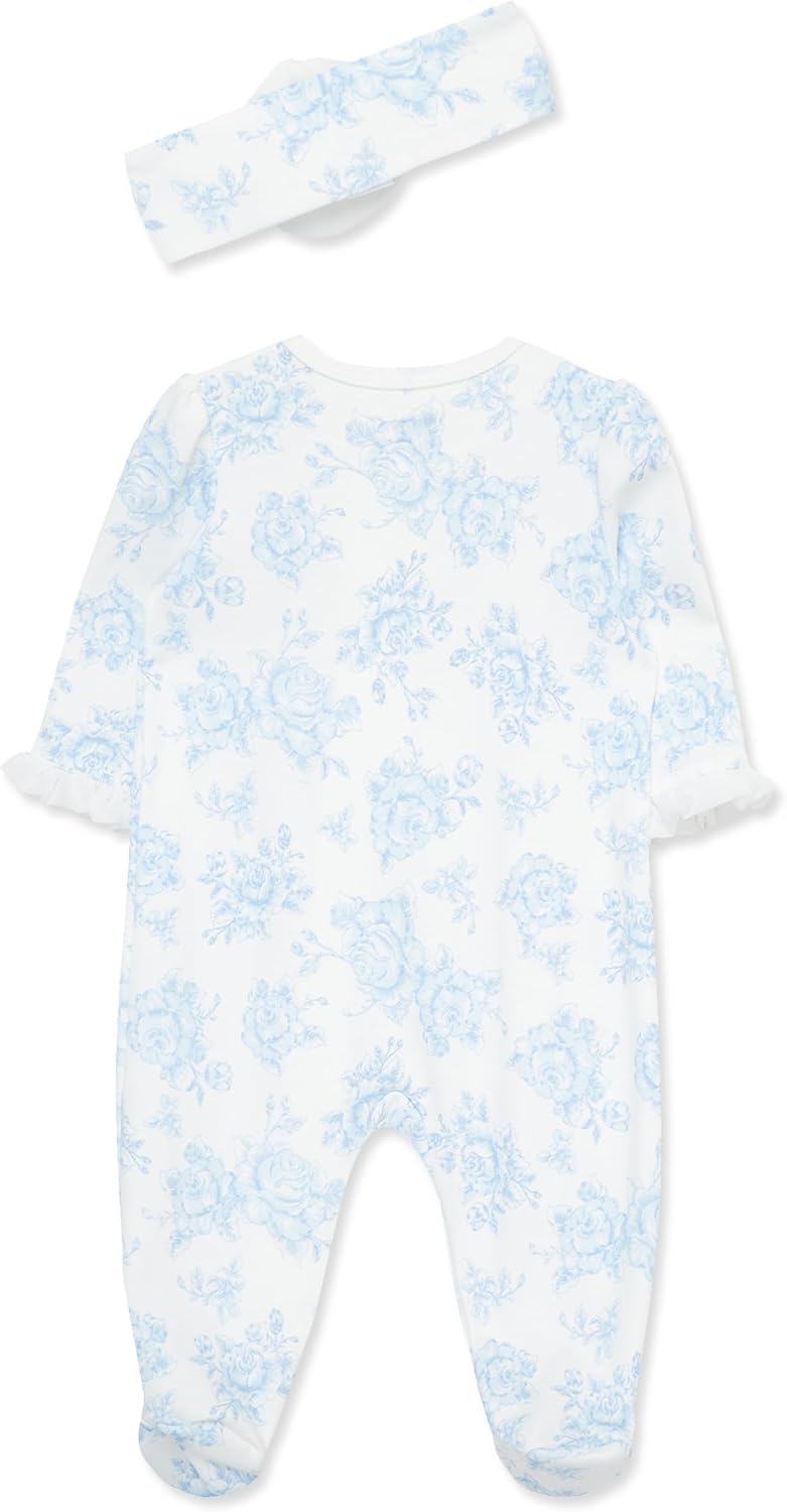 Little Me Clothes for Baby Girls 100% Cotton 2Pc Zipper Closure Footie and Headband Set, Baby Essentials, Preemie to 9 Months - Image 2