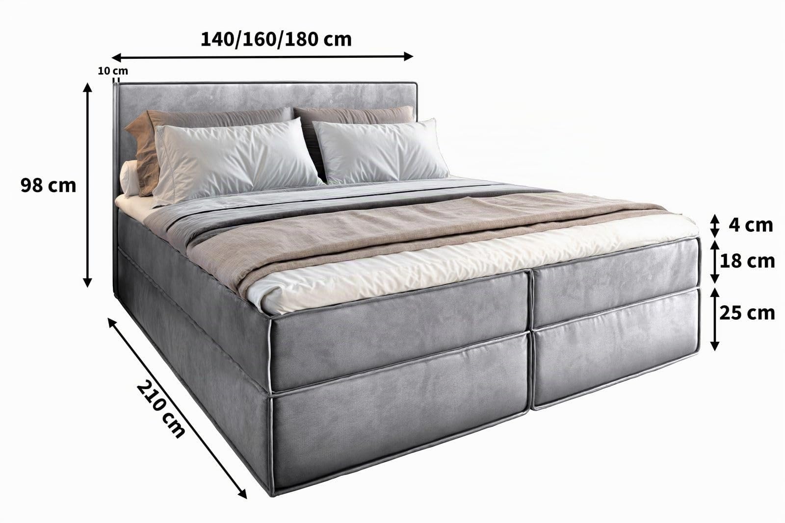 Masseno Boxspringbett PELLIO 180x200 cm Komplett-Set mit Matratze und Topper, Polsterbett mit Zwei Bettkästen -Creme, Monolith 04