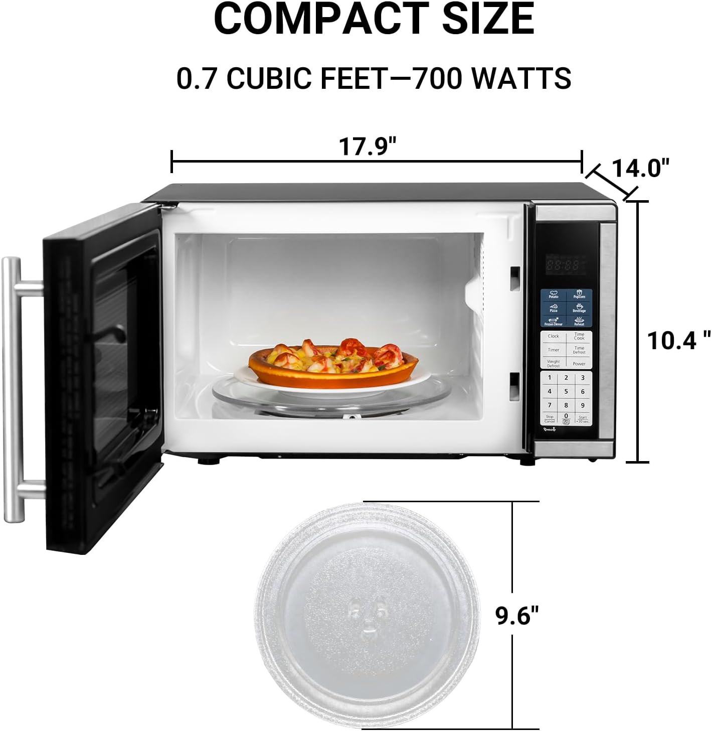 Smad Small Microwave Countertop 0.7 Cu.Ft with Removable Turntable and Child Lock, 700W Mini Microwave Compact with 6 Auto Menus for Apartments, Dorm and Kitchen, Stainless Steel