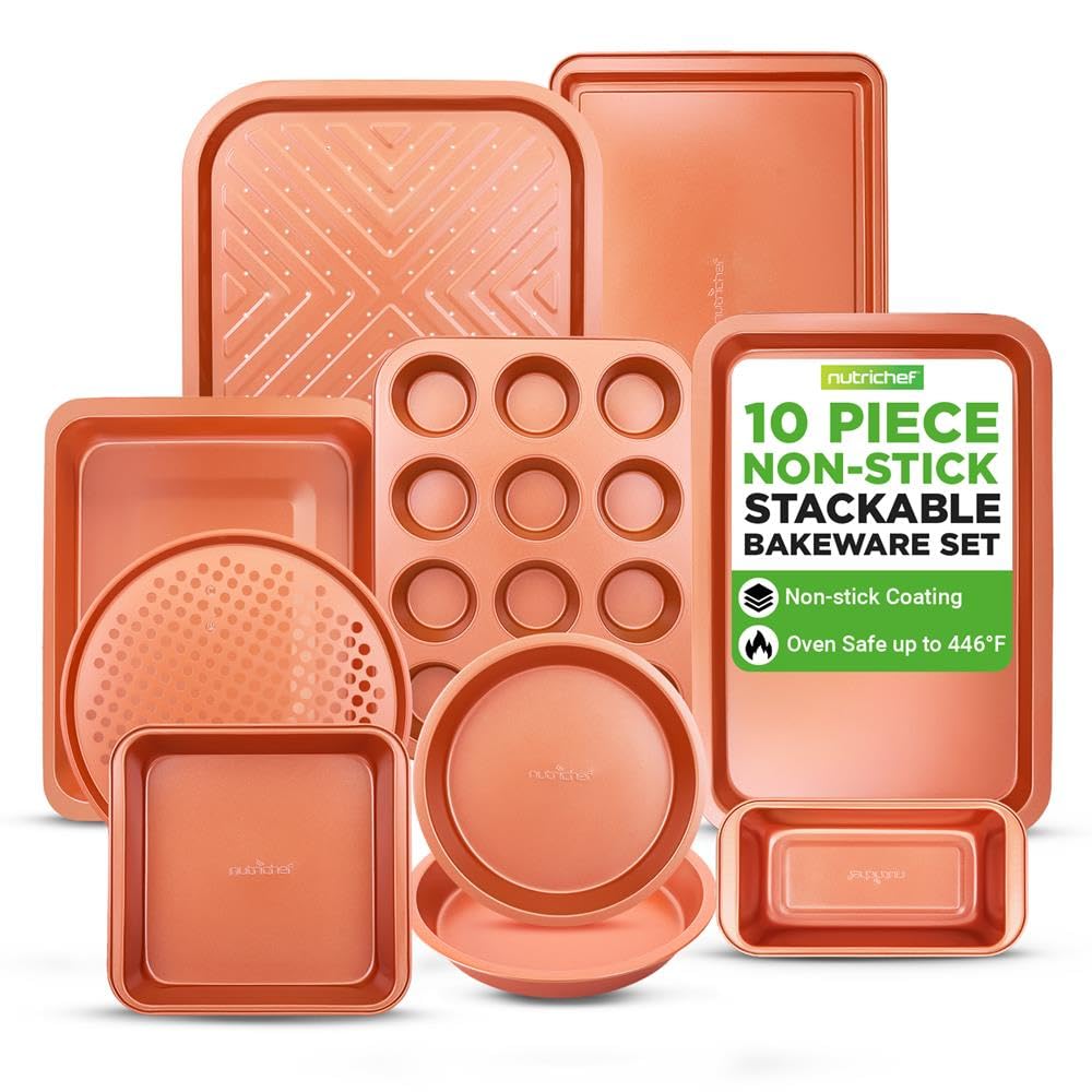 NutriChef Set da 10 Pezzi di Teglie da Forno Antiaderenti in Rame, Teglie Forno in Acciaio al Carbonio con Teglie per Biscotti, Plumcake, Muffin, Crisper, Torte e Arrosti, Facili da Pulire