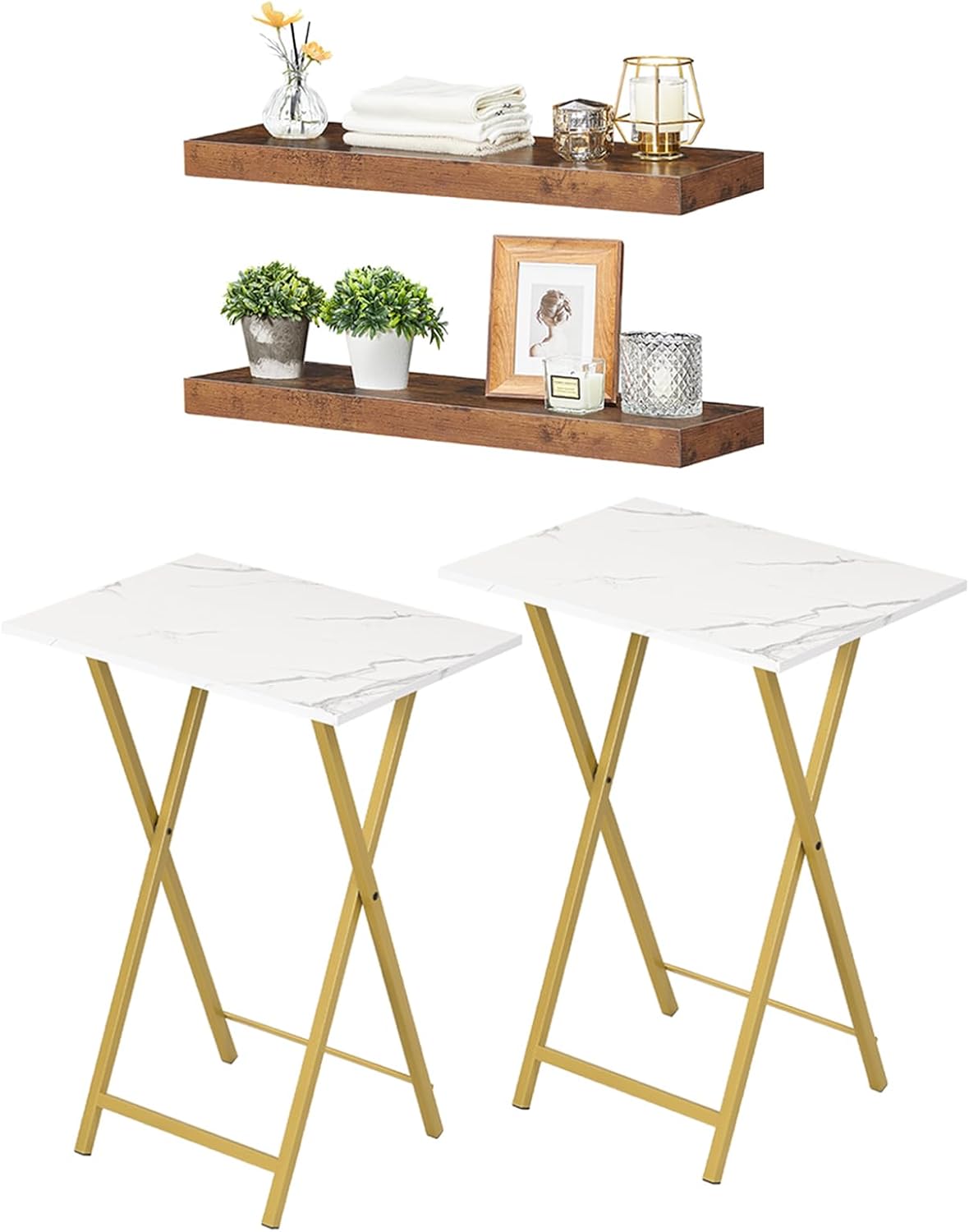 HOOBRO Folding TV Tray Tables and 23.6 Inch Floating Shelves, Set of 2 Side Table for Small Space, Wall Shelf Set of 2, DM25BZ01-BF60BJ01