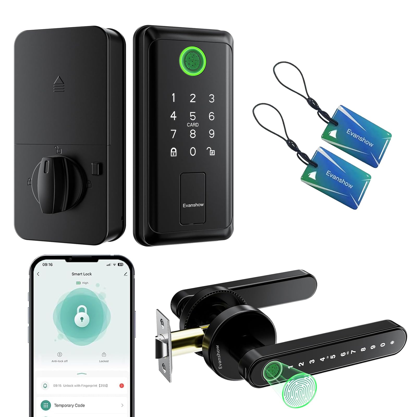 Evanshow Smart Door Lock with Knob, Keyless Entry Door Locks with Handle, Fingerprint Door Knob for Front Door/Apartment,Generate Passcode Remotely