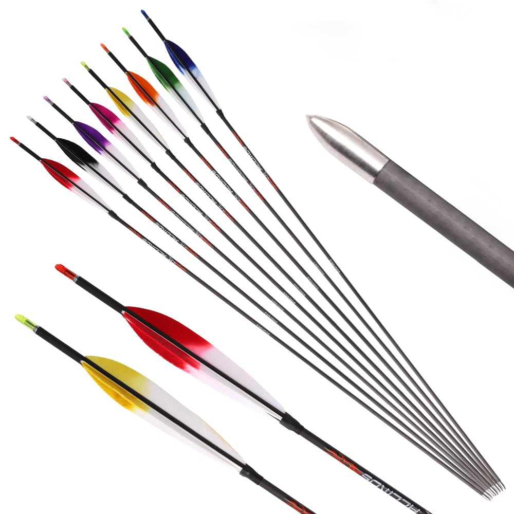 12 pz ID 4,2 mm Frecce in Puro-Carbonio Spine 300 350 400 500 600 700 800 900 1000 1100 1300 1500 1800, Arancione Bianco Gradient Colour Piuma di Tacchino per Pratica di Tiro con L'Arco e Caccia