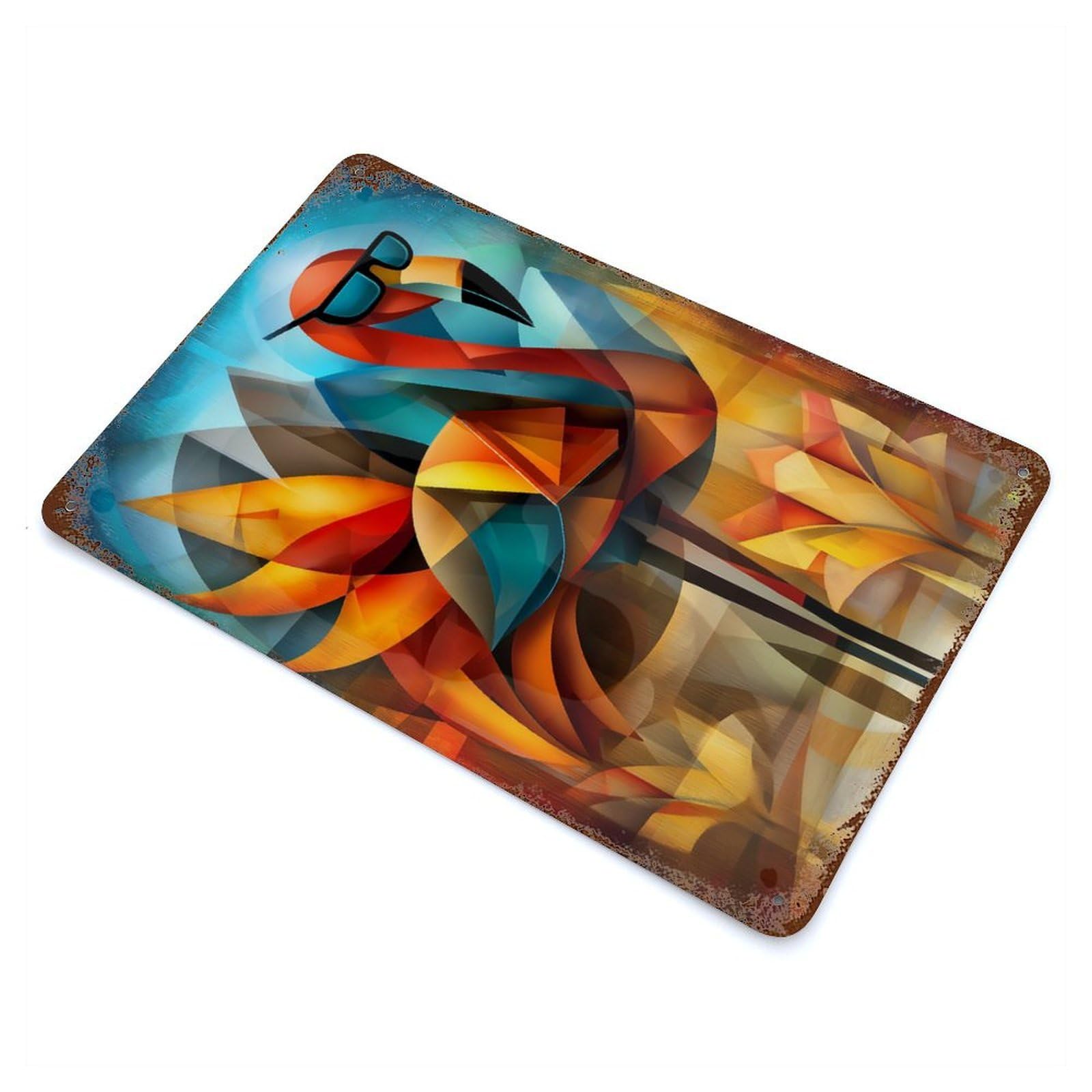 Rust Effect Charming Flamingo – Cubist Cool in Shades Rusty Metal Tin Sign 11.8"x7.9", Rustic Home Decor for Living Room, Hallway And Home Decor