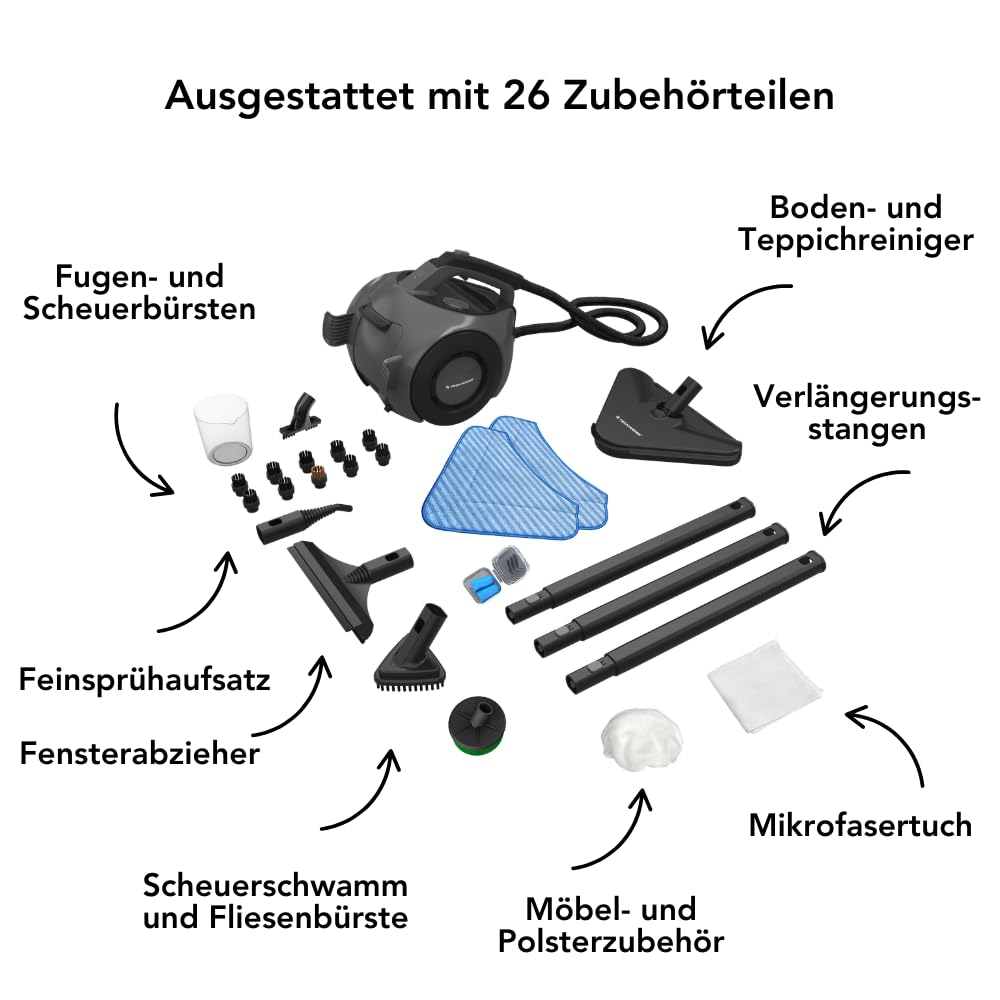 TS2 Dampfreiniger 1800W - 4 Bar Dampfdruck - 1,6L Tank - 26 Zubehörteile für 100+ Oberflächen – 50 Min Dampfleistung