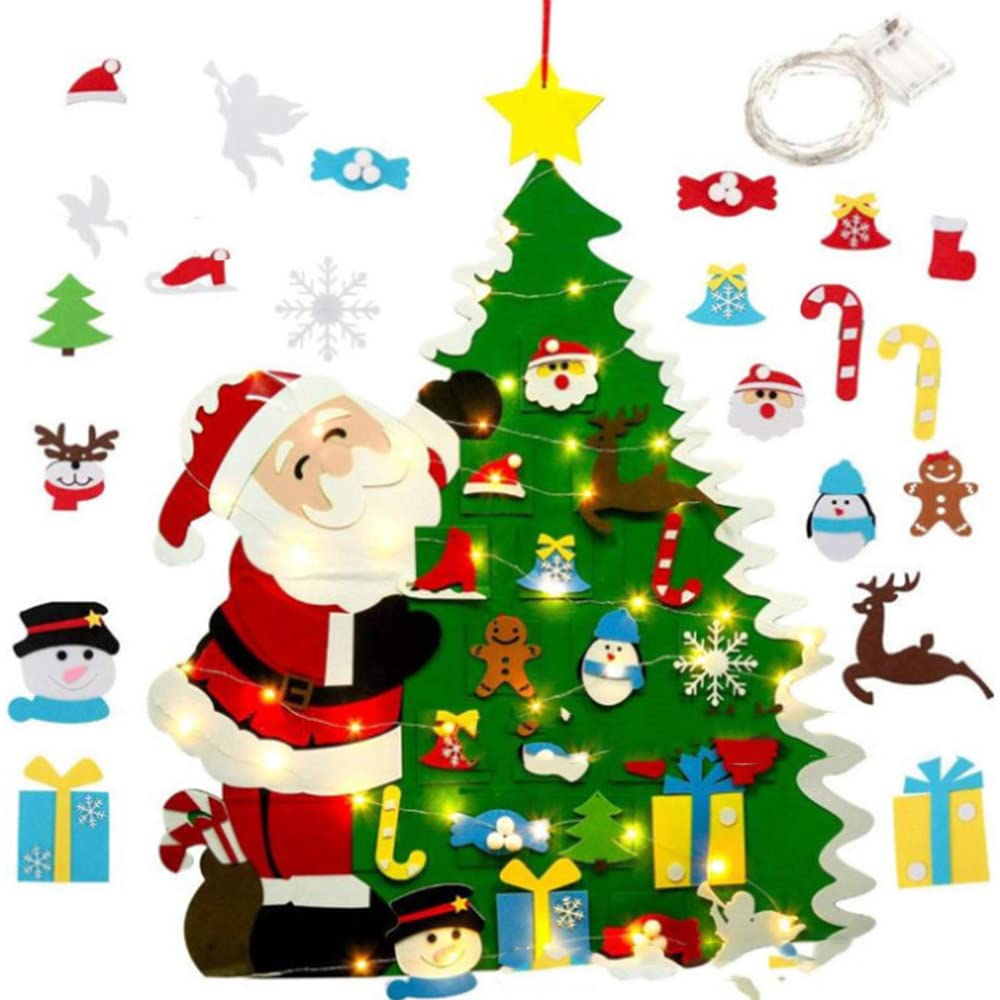 DIY Felt Christmas Tree Set for Kids/Toddlers, 3.3ft Non-Woven Xmas Christmas Tree with Lights Decorations Handmade Christmas Home Door Wall Hanging Decor for Kids Xmas Gifts (B)
