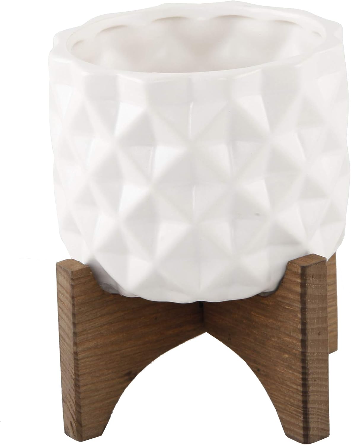 Flora Bunda Mid Century 5 inch Ceramic DIMPLE Pattern on Wood Stand,Matte White