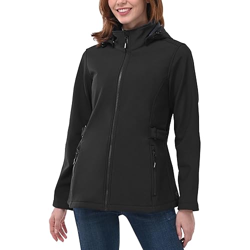 Outdoor Ventures Women's Softshell Jacket with Removable Hood, Insulated Windbreaker Waterproof Warm Fleece Lined Coat