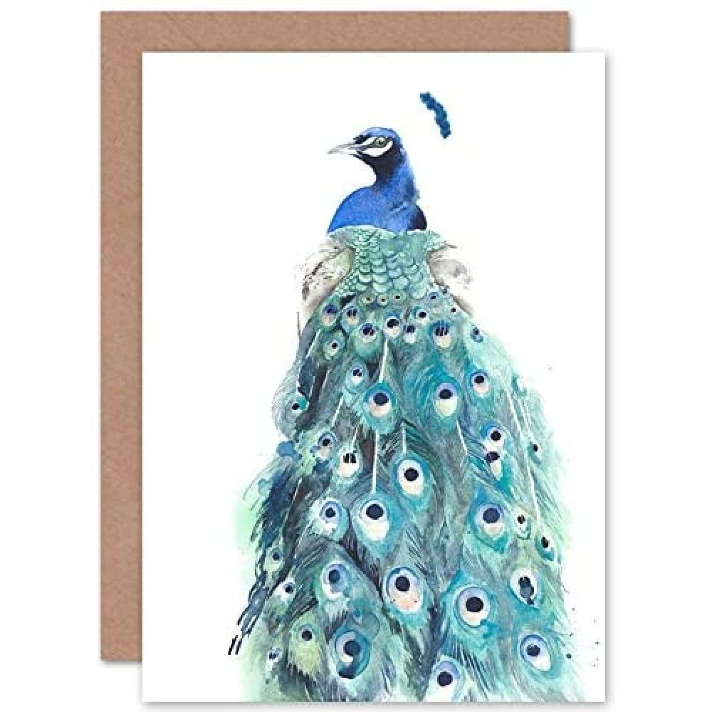 Artery8 - Greeting Card - Bird Peacock Watercolour - Blue