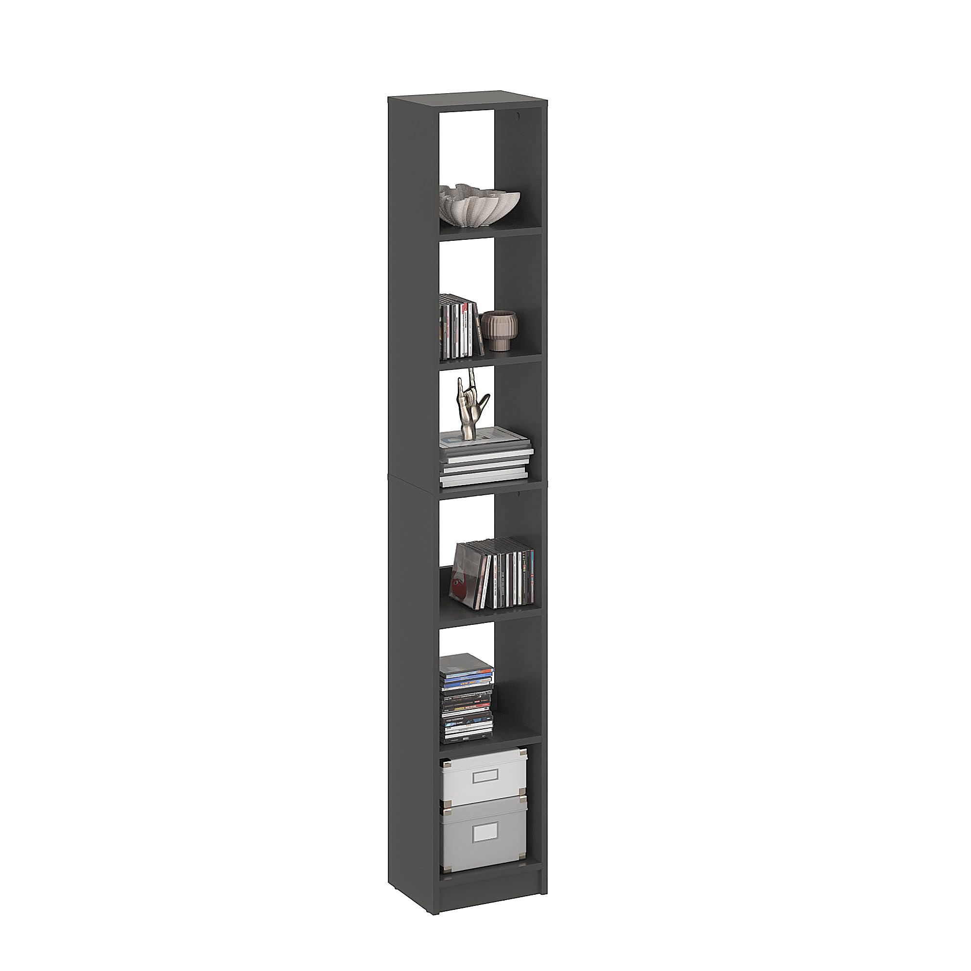 Komto Tall Bookcase Anthracite – Narrow Book Shelf 30 cm Wide, 6 Tier Bookshelf, Slim Cube Storage Unit | LAKO 185.5 x 30 x 24 cm
