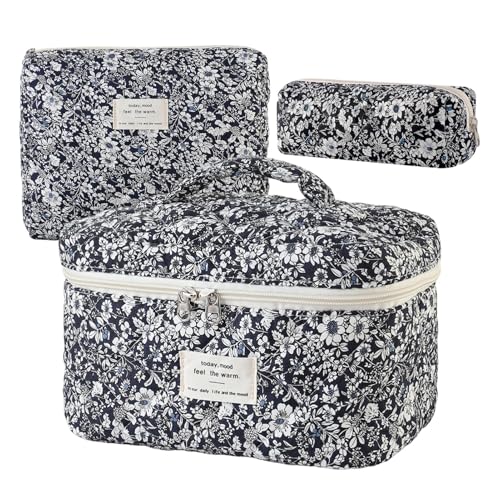 Bolsa de maquillaje acolchada, organizador de algodón acolchado grande de 3 piezas con estampado floral y cremallera | Bolsa de maquillaje para adolescentes, para mujer, escuela, exterior, casa, baño