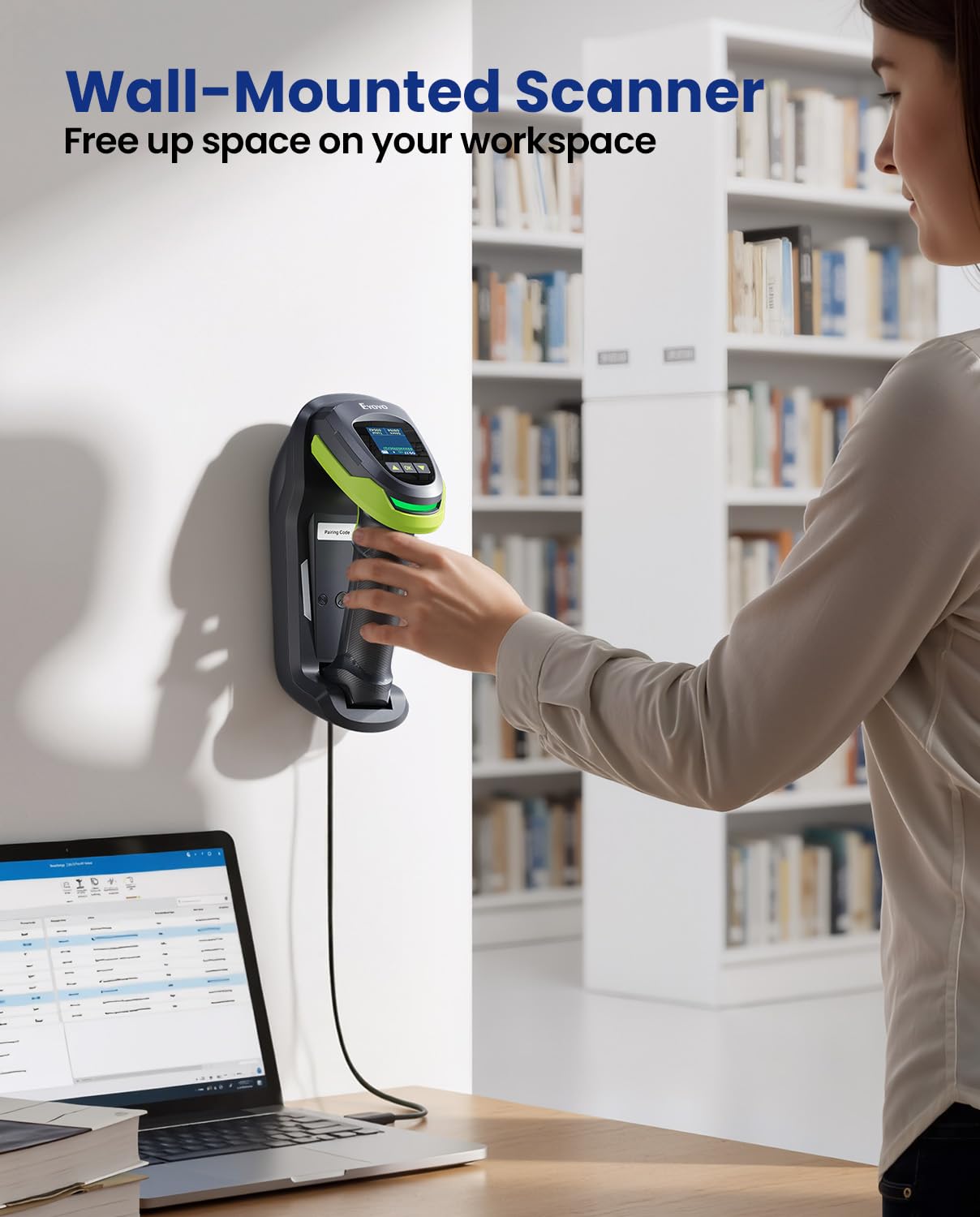 Eyoyo Escáner de Códigos de Barras 1D 2D QR con Pantalla y Base Triple Conexión Bluetooth Inalámbrico 2.4G y Cableado Compatible con iOS Android Windows