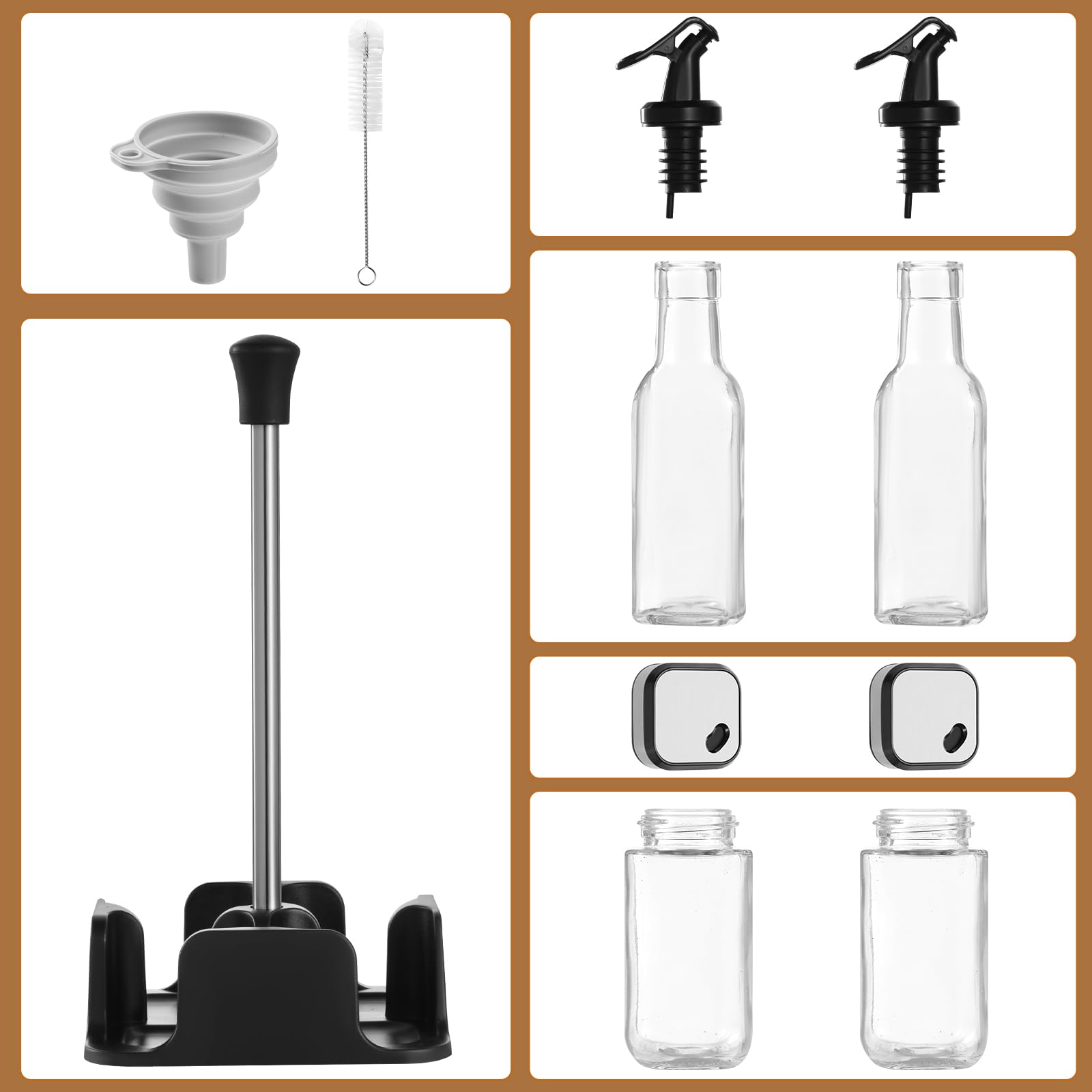 FRIBERG Set Olio Aceto Sale Pepe, 2 bottiglie per olio e aceto da 200 ml, 2 vasetti da 120 ml con coperchio a pomello, imbuto e spazzola per la pulizia inclusi