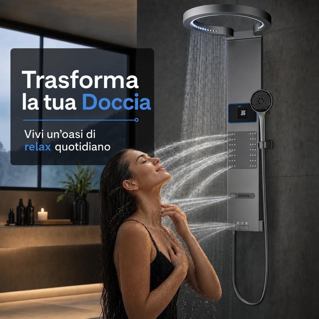 INEX EUROPA Pannello doccia termostatico di lusso grigio titanio - Colonna doccia idromassaggio con 10 anni di garanzia e 4 modalità di funzionamento - Torre doccia alta 105 cm, collezione Daytona