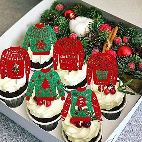 24 Pack Ugly Sweater Cupcake Toppers Christmas Tree Deer Snowflake Cupcake Picks Merry Christmas New Year Holiday Ugly Sweater Xmas Party Cake Decorations Supplies #TOP5
