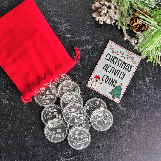 Blue Ridge Mountain Gifts Christmas Activity Advent Calendar | Red Velvet Bag with 30 Laser Engraved Acrylic Coins – Holiday Countdown for Kids &