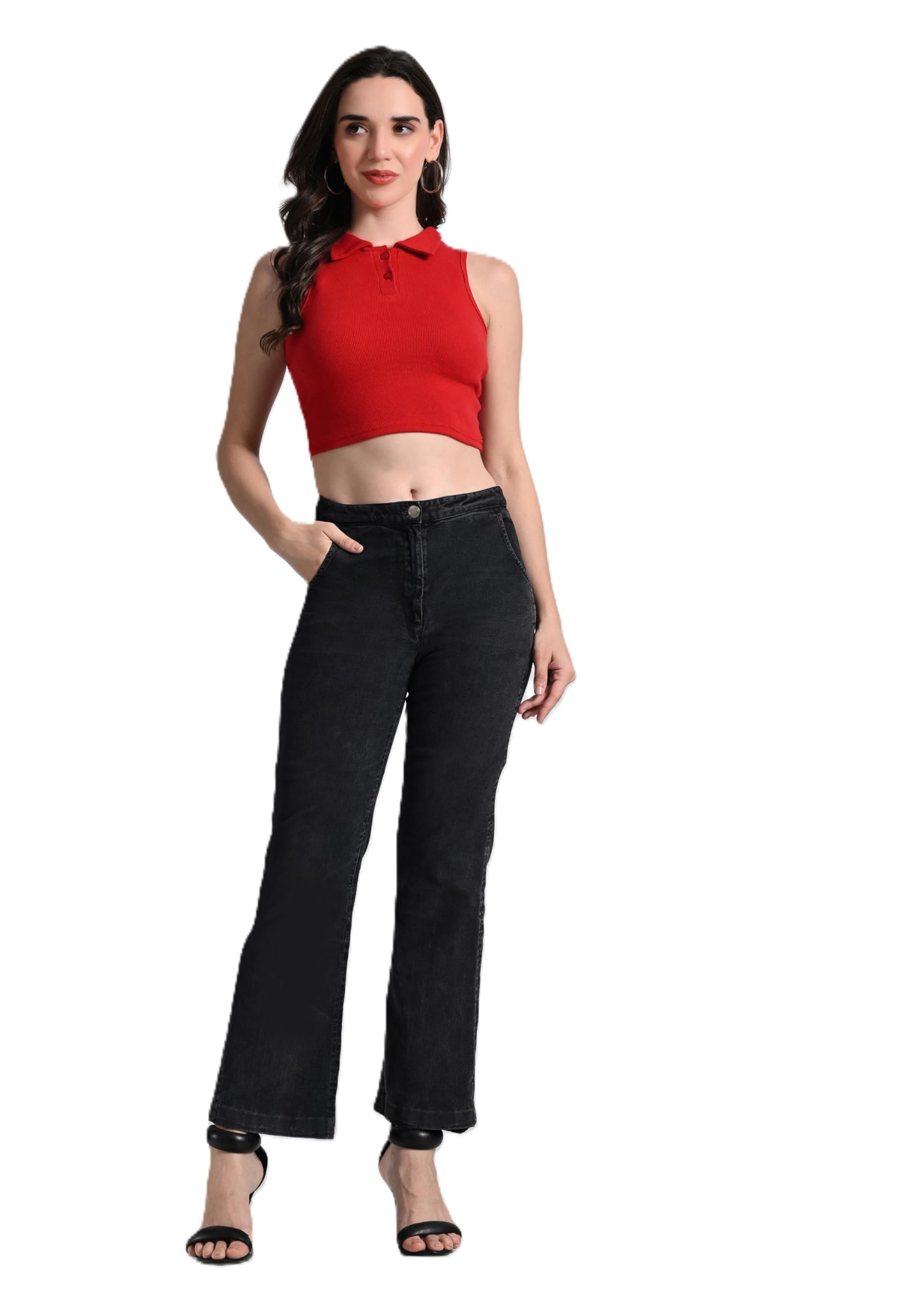 Women�s Red Sleeveless Ribbed Crop Top � Modern Collared Polo Style, Casual Shirt for Girls-picture-31