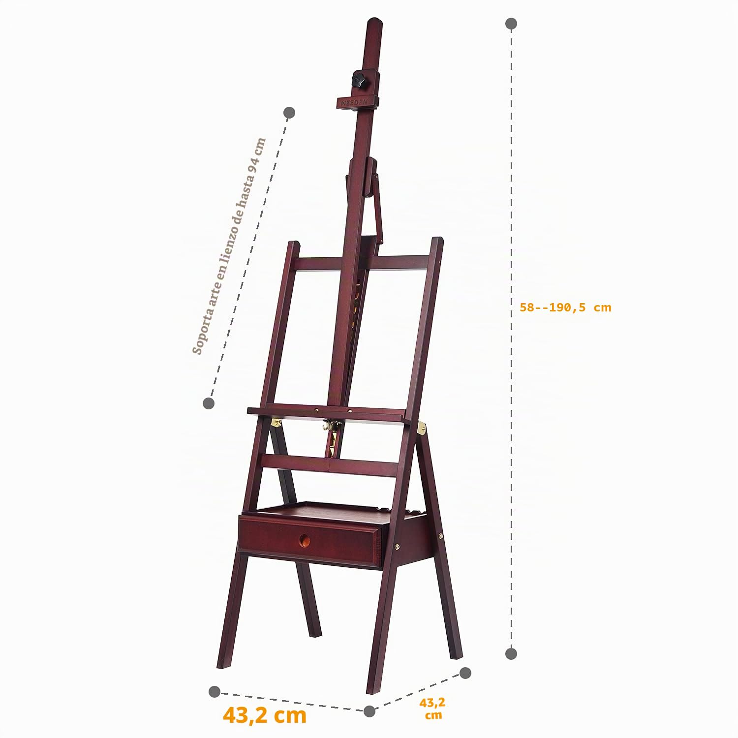 MEEDEN Caballete Profesional de Estudio con Cajón, de Madera de Haya Sólida, Altura Ajustable 147-190cm, Inclinación Frontal, para Lienzos hasta 94, cmpara Artistas, Color nogal