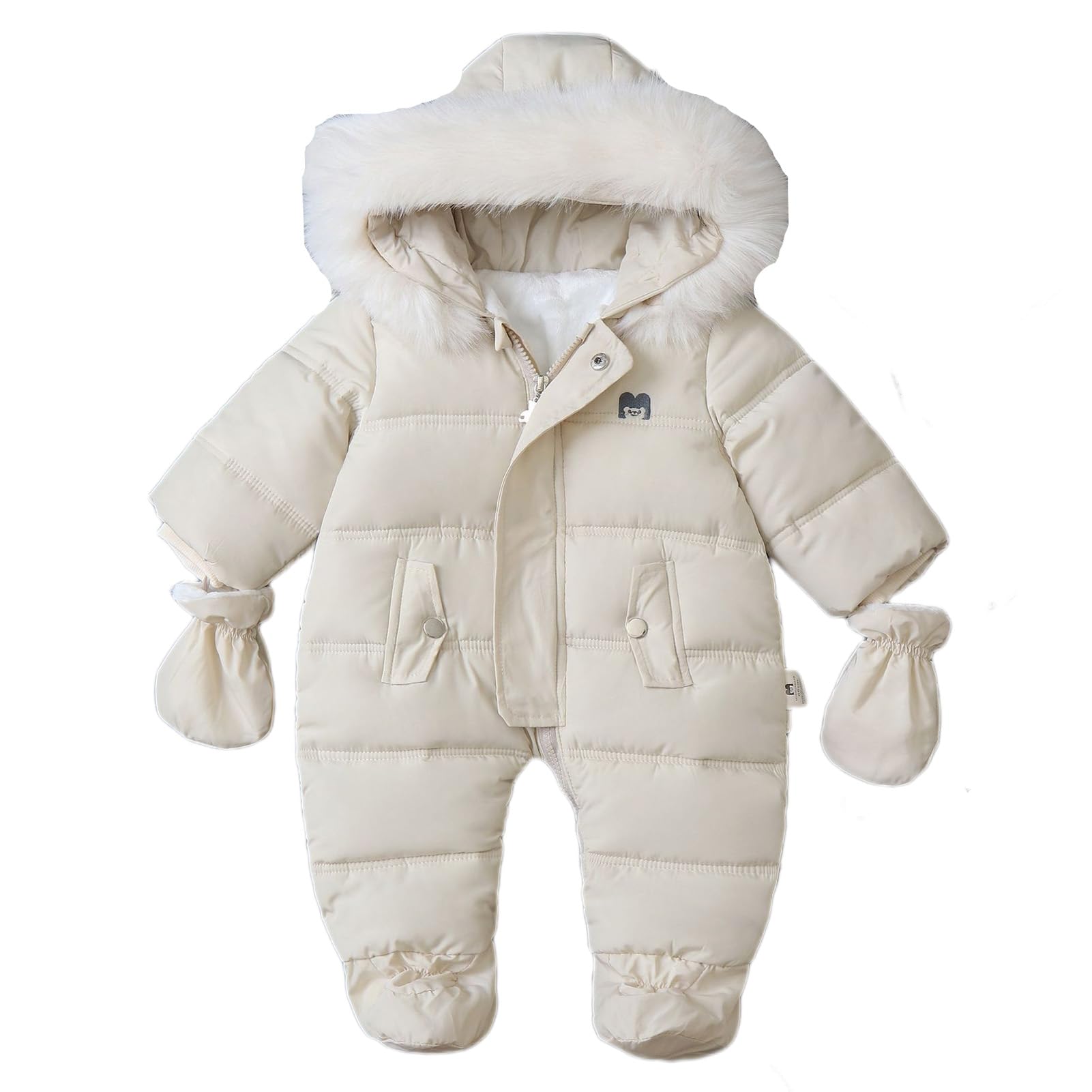 BRONG Bebé Invierno Traje de Esquiar Niño Lana Mameluco Encapuchado Mono Niña Cálido Cremallera Ropa de Calle con Guantes