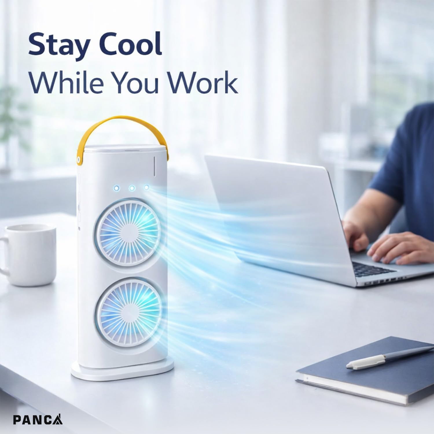 PANCA Portable Double Head Spray Fan with Misting | USB Rechargeable Mini Air Cooler with LED Light | 3 Speed Cooling Fan with 280ml Water Tank, Touch & Remote Control for Home, Office, Car 1