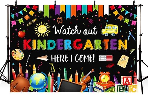 Miniatura 2 de Fondo de 7 x 5 pies para jardín de infantes para el regreso a la escuela, con texto en inglés "Watch Out Kindergarten Here I Come", suministros para