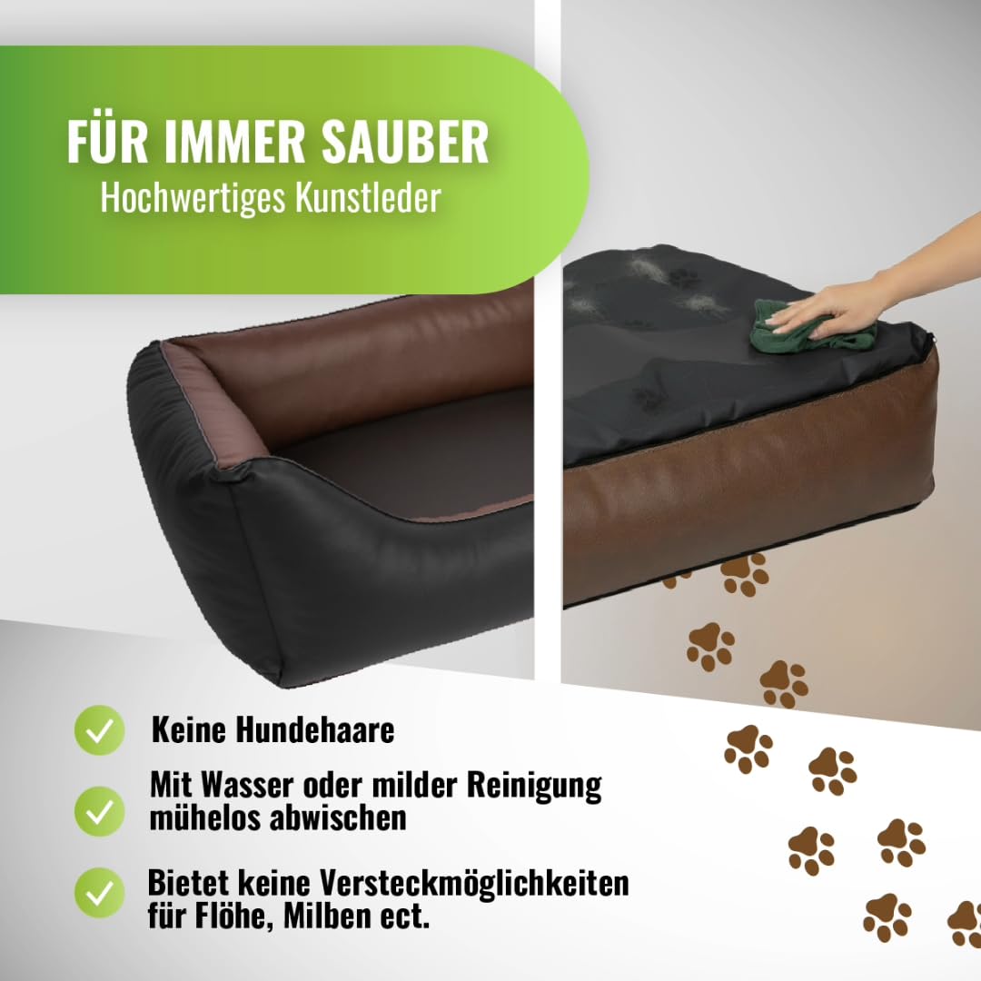 CopcoPet Hundebett Kunstleder Grosse Hunde – Waschbares Hundekissen 【Wendebett】 Hundebett Leder - Formstabiles Hundesofa - Hundekörbchen mit erhöhten Rand, Dog Bed Schwarz/Braun 110 x 90 cm