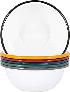 Argon Tableware White Enamel Bowls - Metal Outdoor Camping Food Dishes - 16cm - 6 Colours