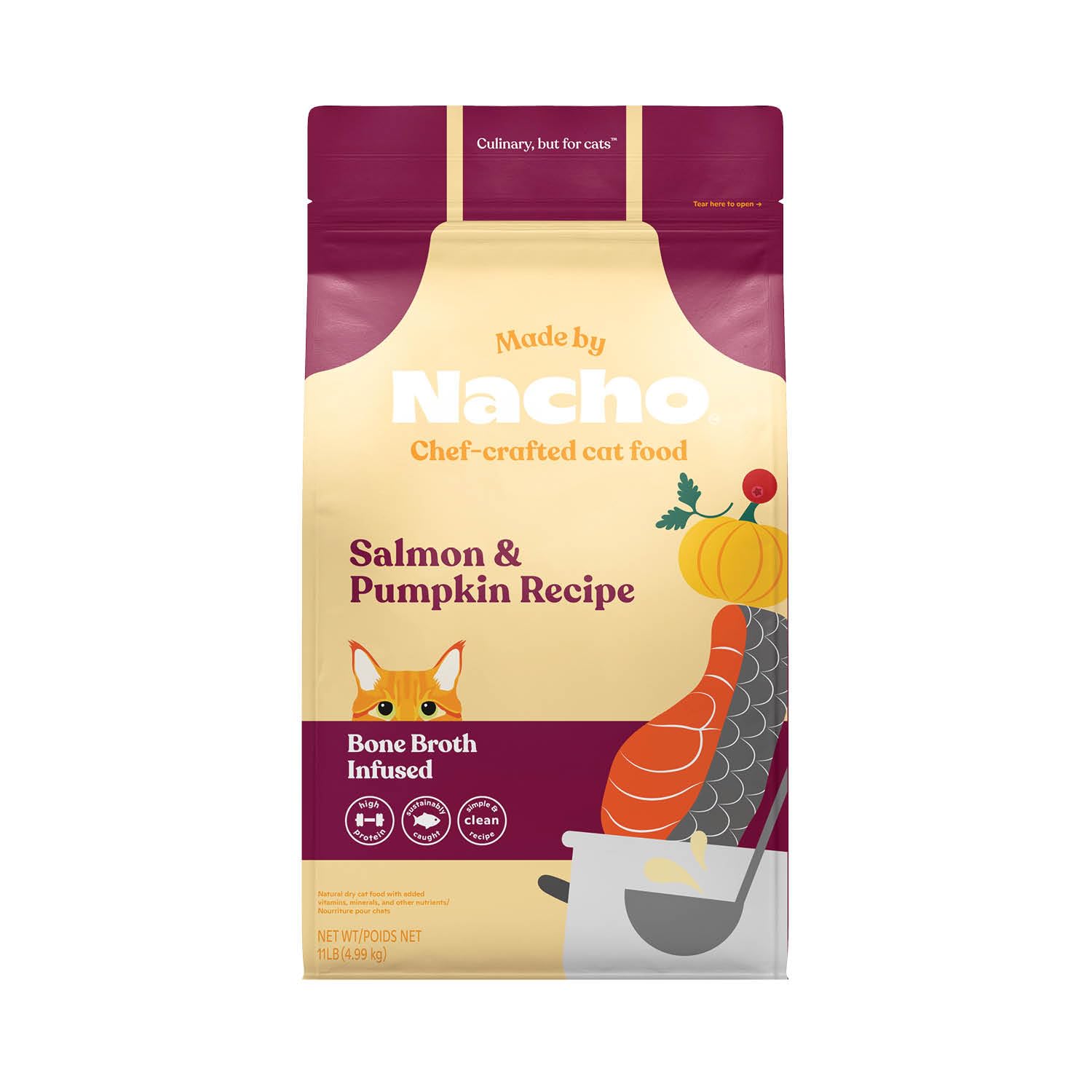 Made by Nacho Dry Cat Kibble 11lb Bag, High Protein and Grain-Friendly Premium Cat Food, Sustainably Caught Salmon and Pumpkin, Infused with Bone Broth for Hydration, Limited Ingredients, Single Bag