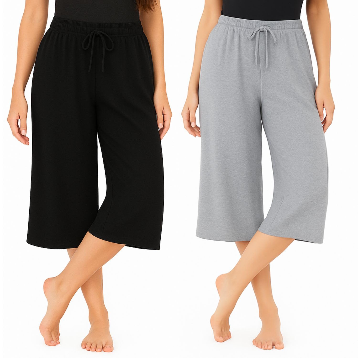 Women's Cotton Plain Capri Pants, Loosefit Yoga Pants for Girls 2Pack (BG)-picture-54