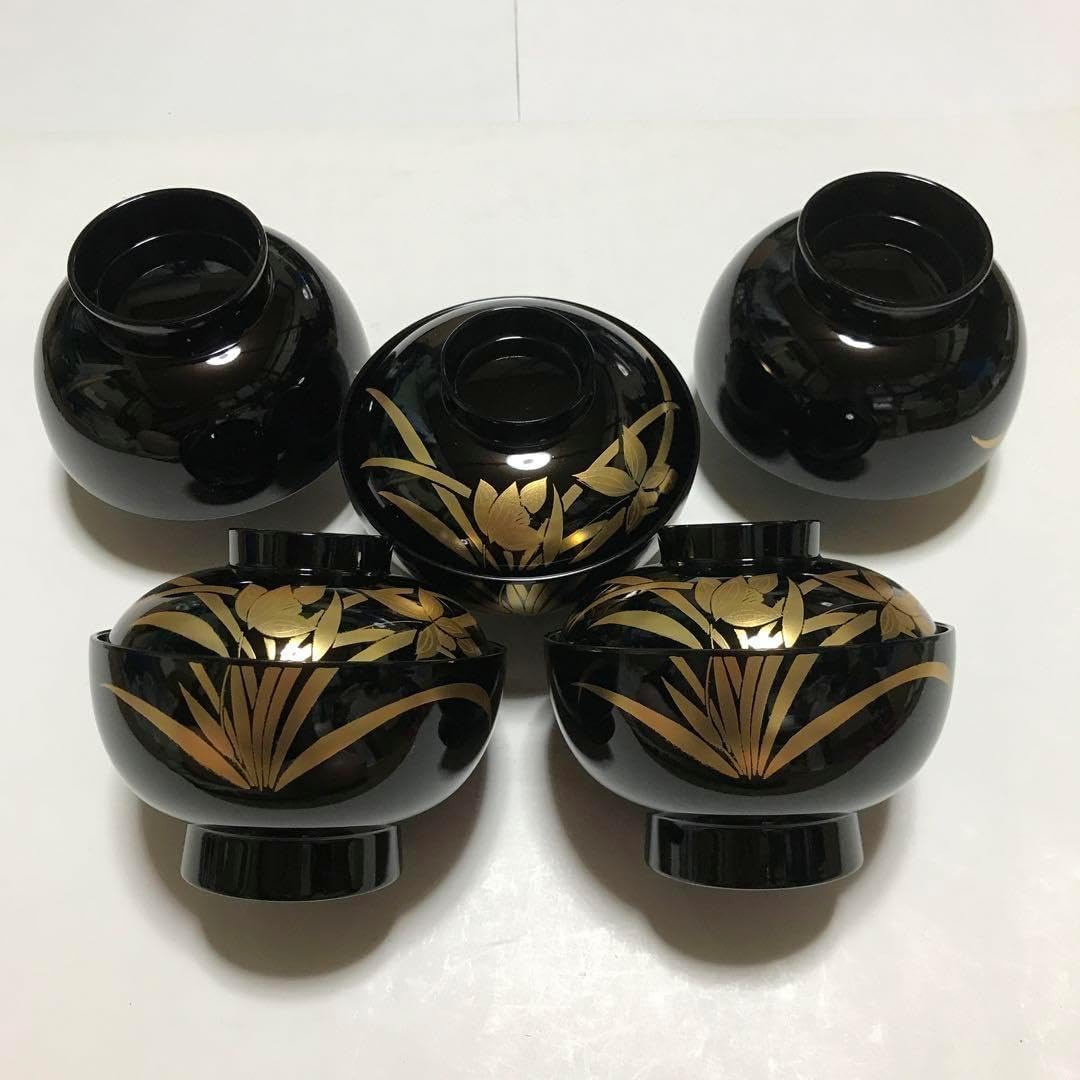 天然木製　桂寛　漆塗金彩蒔絵 瓢型 吸物椀 ５客　山中漆器木箱入り　雑煮汁椀 天然木製 桂寛 漆塗金彩蒔絵 瓢型 吸物椀 5客 山中漆器 木