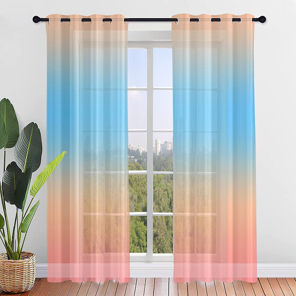 Hiseng Voile Curtains for Bedroom 2 Panels, Sheer Curtains Eyelets Net Translucent Window Screen Gradient Color Tulle Door Drapes for Living Room Home Balcony Decorative (132x182cm,Blue Pink)