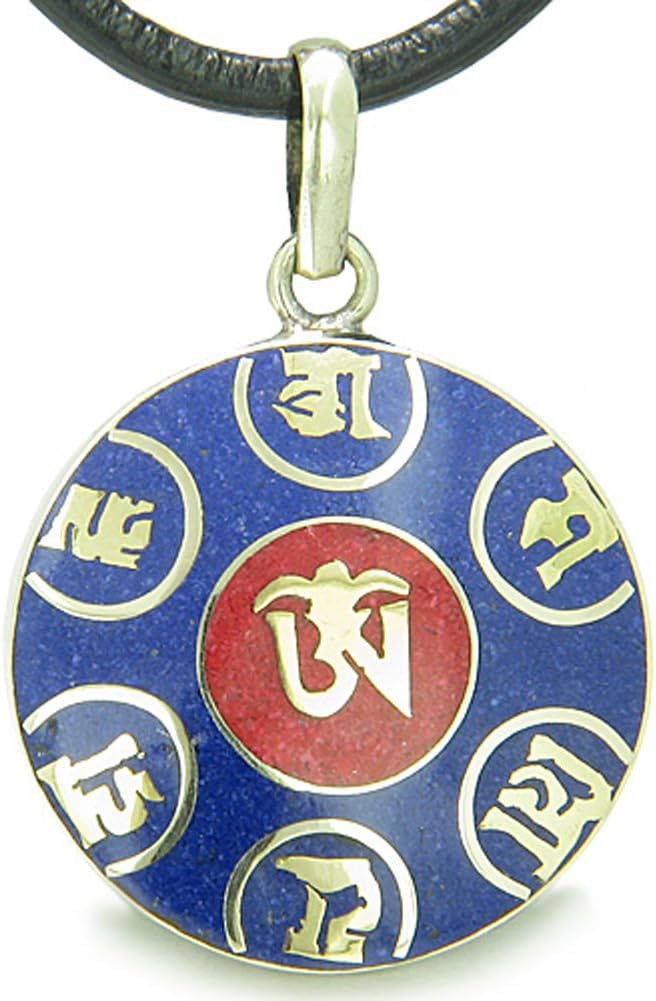 BestAmulets Amulet Tibetan Ancient Mantra OM Mani Padme Hum Red Magic Symbols Medallion Pendant Leather Necklace