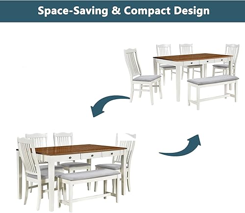 Miniatura 5 de LUMISOL Juego de mesa de comedor para 6, juego de mesa de cocina de granja con 4 sillas tapizadas, banco y cajones de almacenamiento, juego de mesa