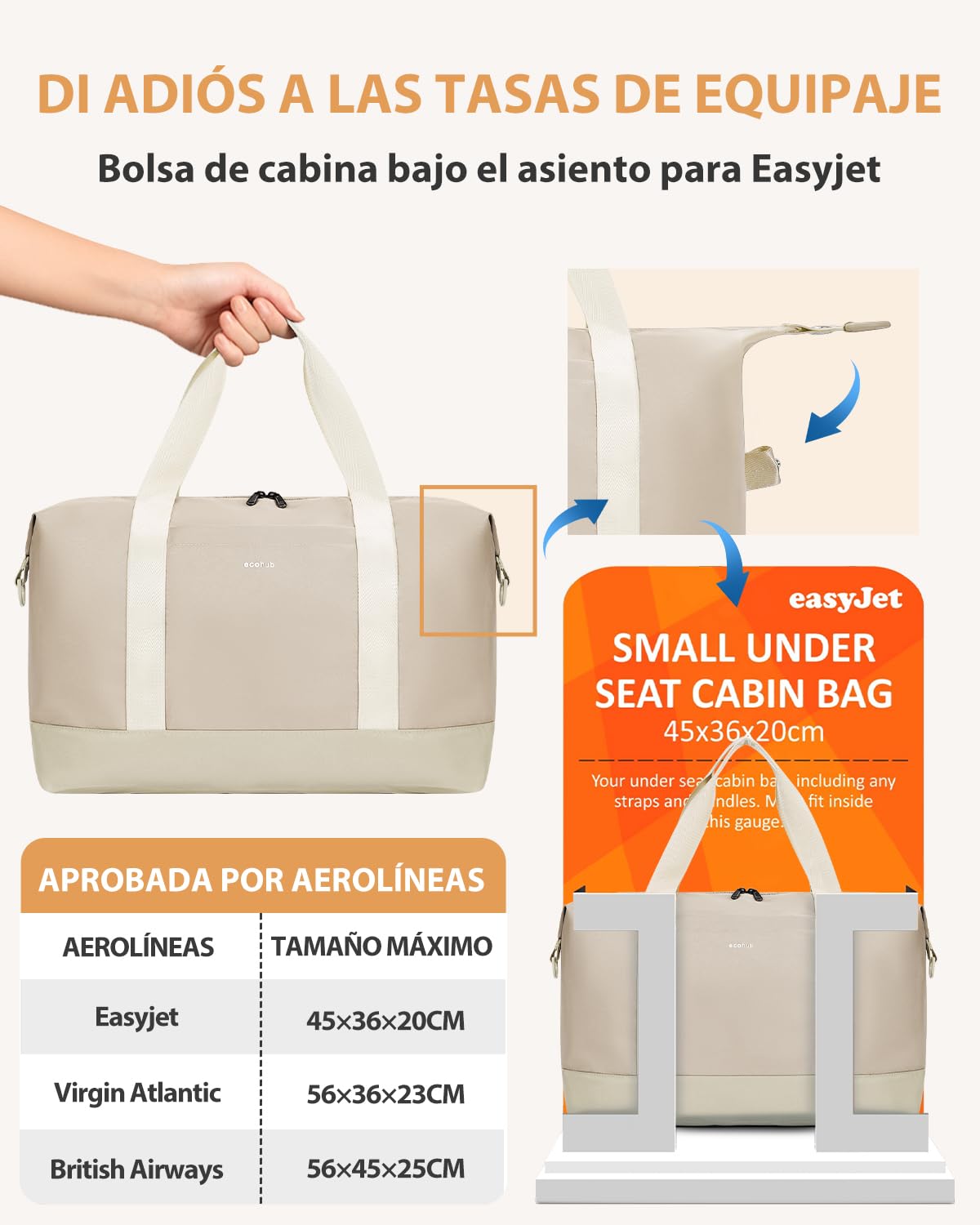ECOHUB 30L Bolsa de Viaje Mujer, 45x36x20 Equipaje de Mano Avion, Bolsa Gimnasio Mujer con Bolsillo Húmedo Extraíble, Plegable Bolso Maternidad Hospital, Patente Pendiente(Beige) | Equipaje Cabina Bajo Asiento con Bolsillo Húmedo para Fin de Semana y Gimn