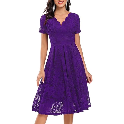 SEBOWEL Women Floral Lace V Neck Short Sleeve Formal Dress Swing A-Line Wedding Bridesmaid Cocktail Party Midi Dresses