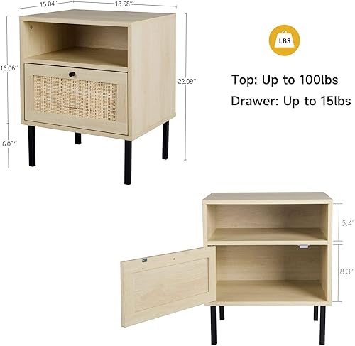 Miniatura 3 de Juego de 2 mesitas de noche de ratán natural, mesa auxiliar decorativa, mesa de noche bohemia con 1 puerta decorada a mano para sala de estar,