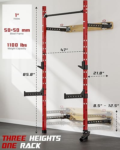 Miniatura 3 de 2" x 2" Folding Wall Mounted Squat Rack, 1100 Pounds Capacity Power Rack with Pull Up Bar, J Hooks and Other Attachments, Space-Saving Home Gym