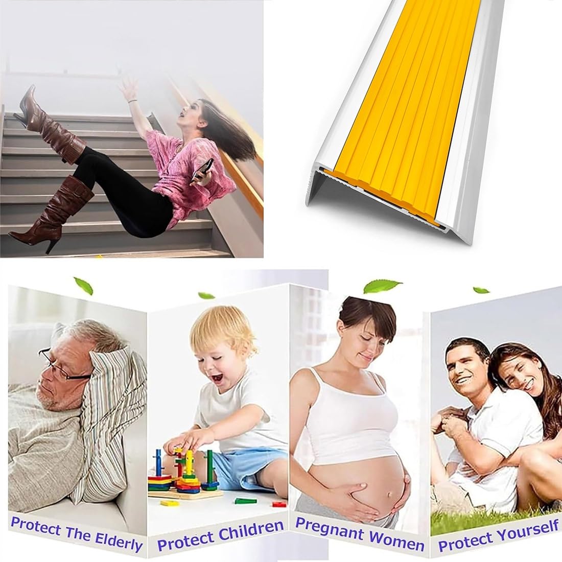 100/120/150cm Aluminiowe listwy schodowe, 60x27mm w kształcie litery L Żółte winylowe ochraniacze krawędzi schodów, antypoślizgowe stopnie Profilowanie nosków(150cm/59in)
