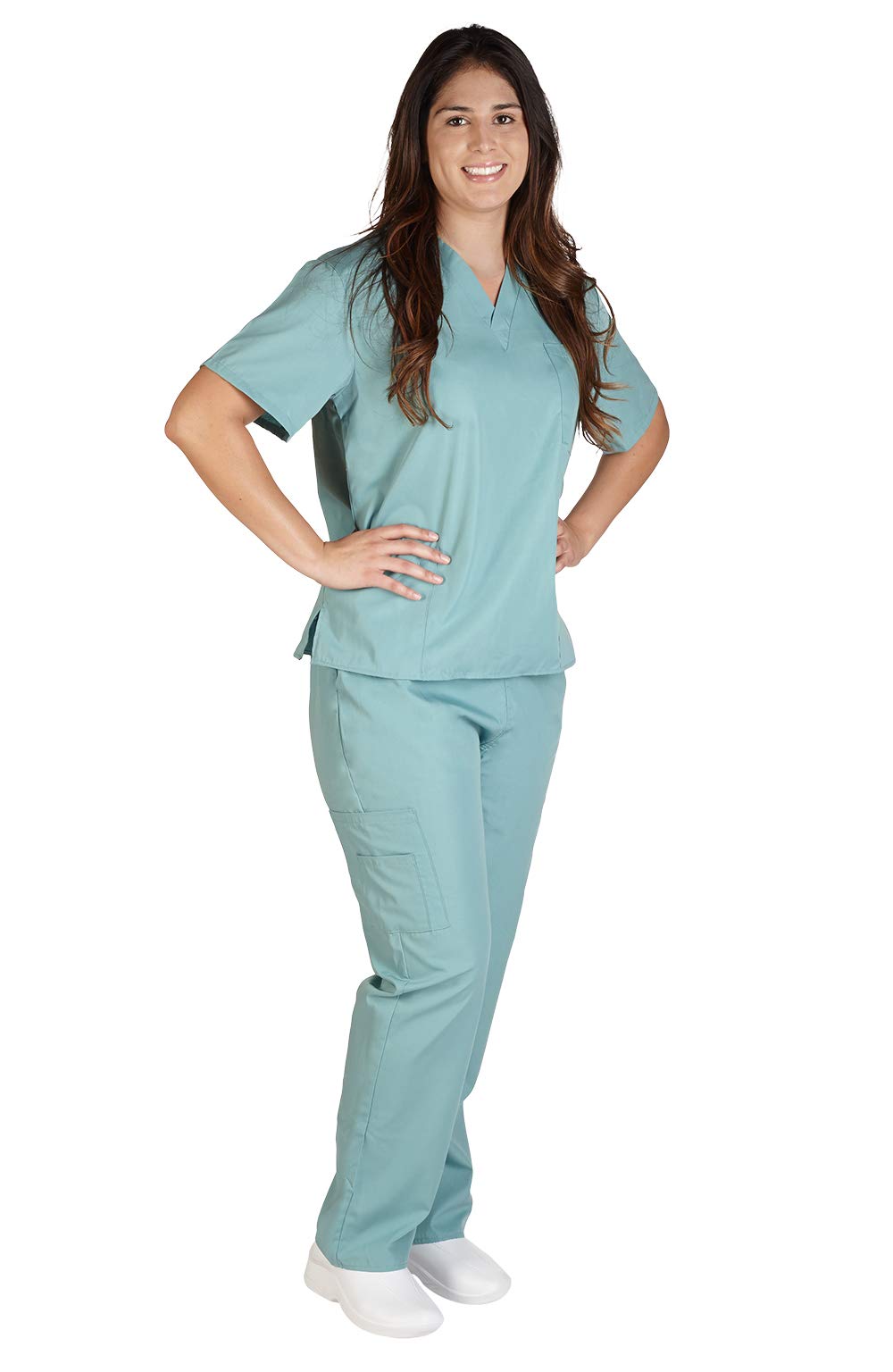 Natural Uniforms Solid V-Neck Women's Scrub Set Medical Scrub Tops and Pants (X-Large, Misty Green)