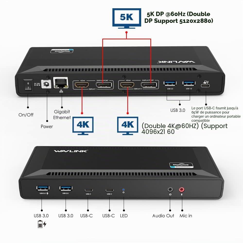 WAVLINK Station d'accueil Universelle USB C 60 W - Prend en Charge Les Sorties vidéo Double 4K (DisplayPort et HDMI, Gigabit Ethernet, Audio Out et Mic in, 4 Ports USB 3.0 et 2 Ports USB C)