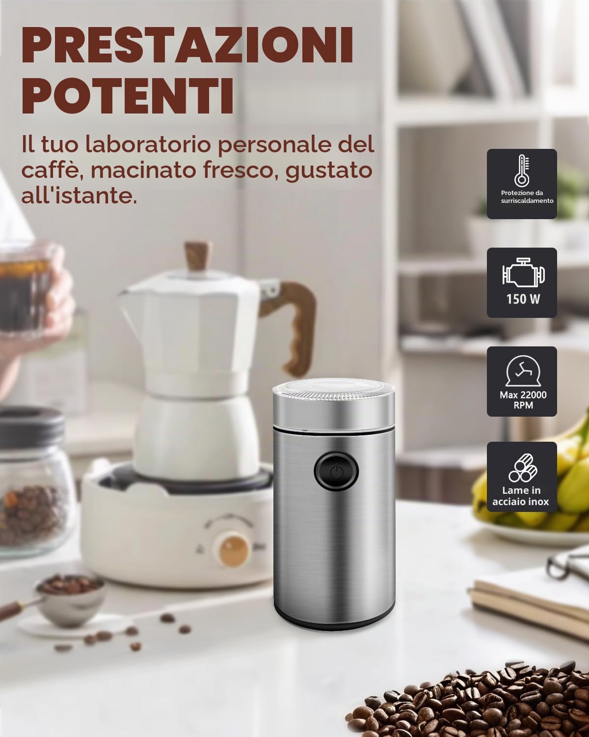 Macinacaffè Elettrico in Acciaio Inossidabile, 150W 22000 RPM Ad Alta Velocità, Capienza 50g, Macinino Compatto per Caffè, Noci, Spezie, Zucchero (9.7x9.7x17.8cm)