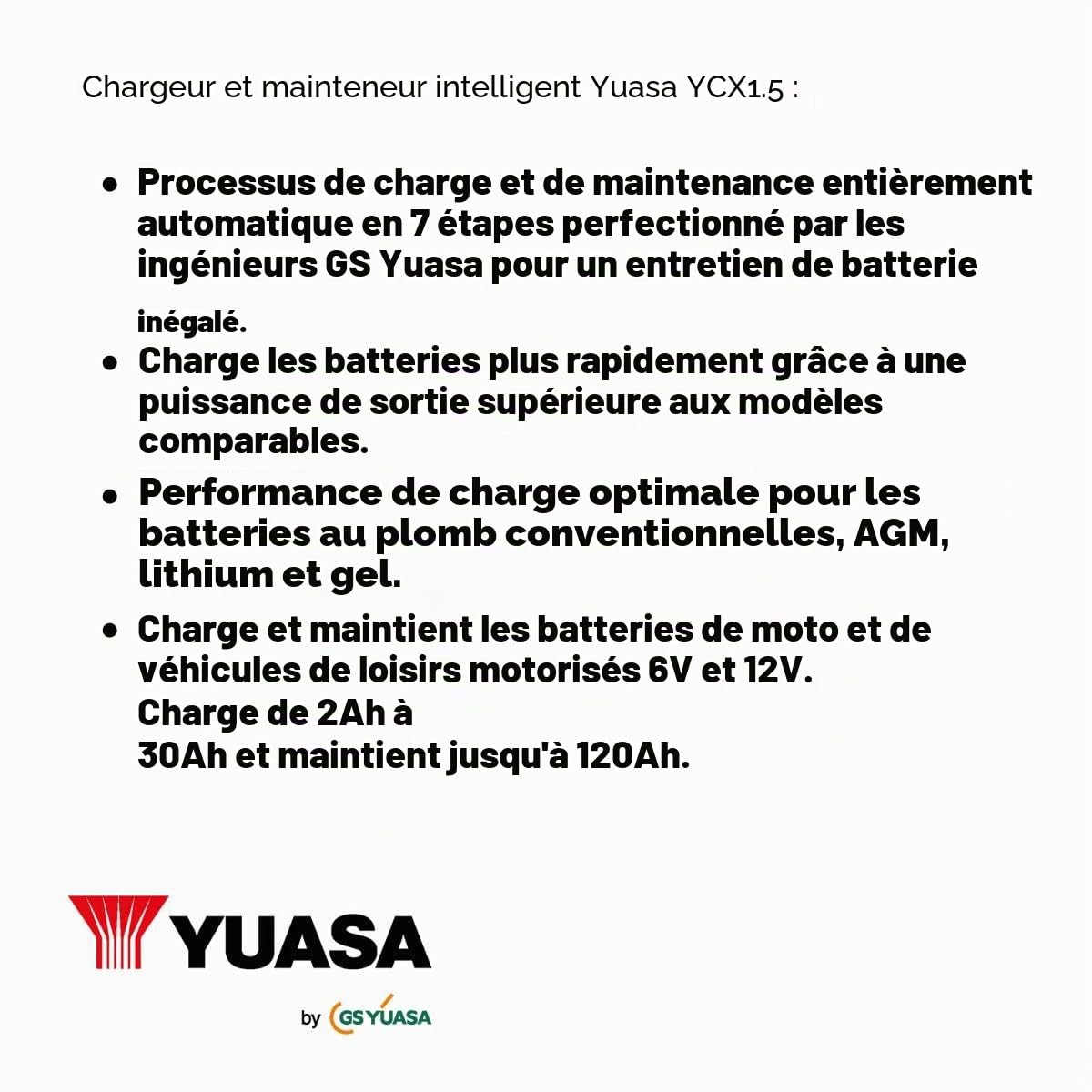 Yuasa YCX1.5 6/12 V 1,5 A Chargeur Intelligent pour Batterie Moto | Charge 7 étapes, Compatible 6V & 12V batteries, Utilisation sûre, Détection défauts, Branchement facile