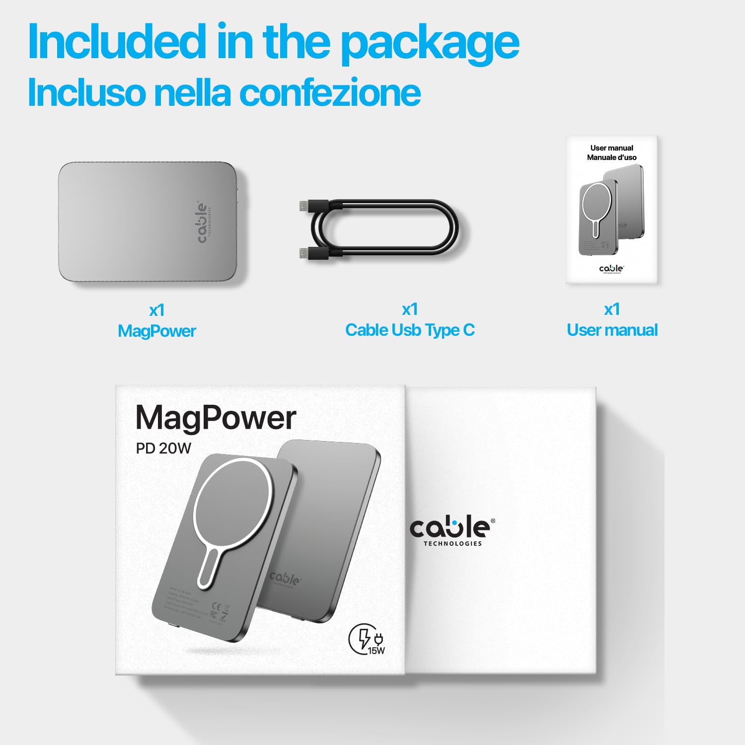 Cable Technologies MagSafe Powerbank 5000 mah bezprzewodowy magnetyczny USB-C PD20W Slim Quick Charge, Zewnętrzna bateria Power Bank, uniwersalna przenośna ładowarka do iPhone'a i innych smartfonów