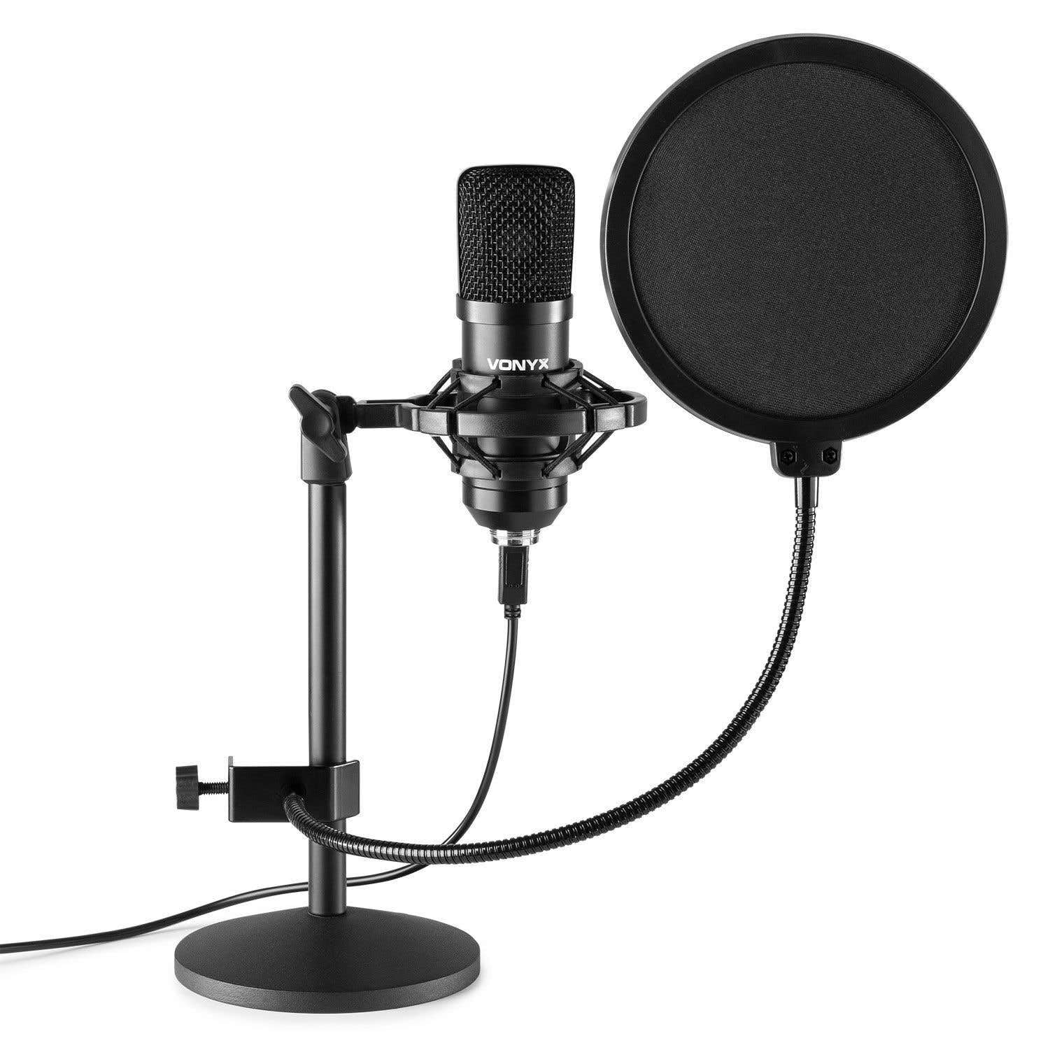 Vonyx CMTS300 USB-Kondensatormikrofon mit Tischständer, Shockmount, Poppfilter und Windschutz - schwarz