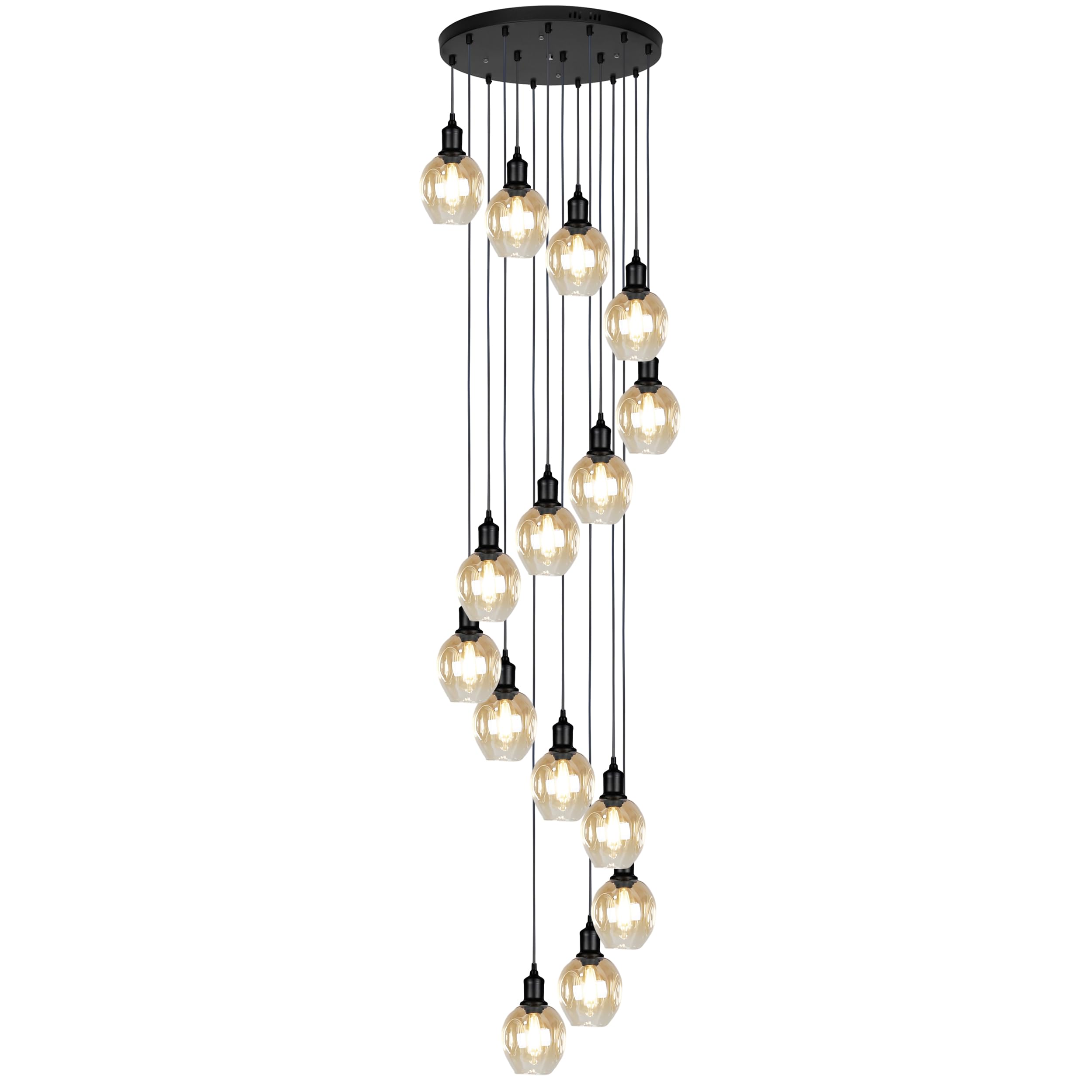FYZDLAOR Retro 15-Light Chandeliers 9.8ft(3m) High Spiral Pendant Lighting Champagne Colored Glass Shade Black Dome Long Chandelier for Foyer Entryway Stairwell Villa Ceiling Fixtures
