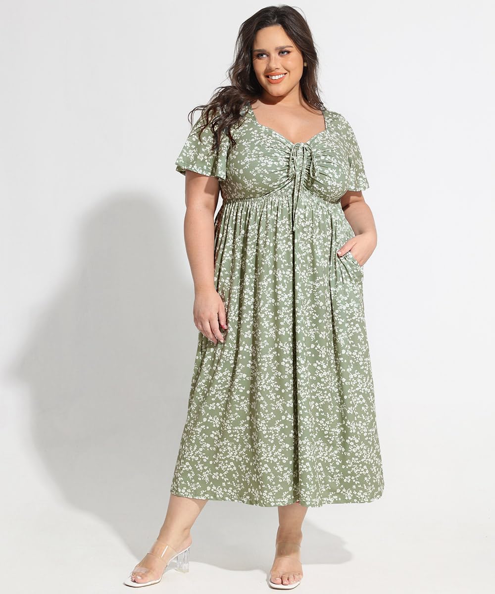 CARCOS Plus Size Dresses for Curvy Women Tie Sweetheart Neck Summer Maxi Dress Short Sleeve Empire Waist Floral Boho Dress - Image 2