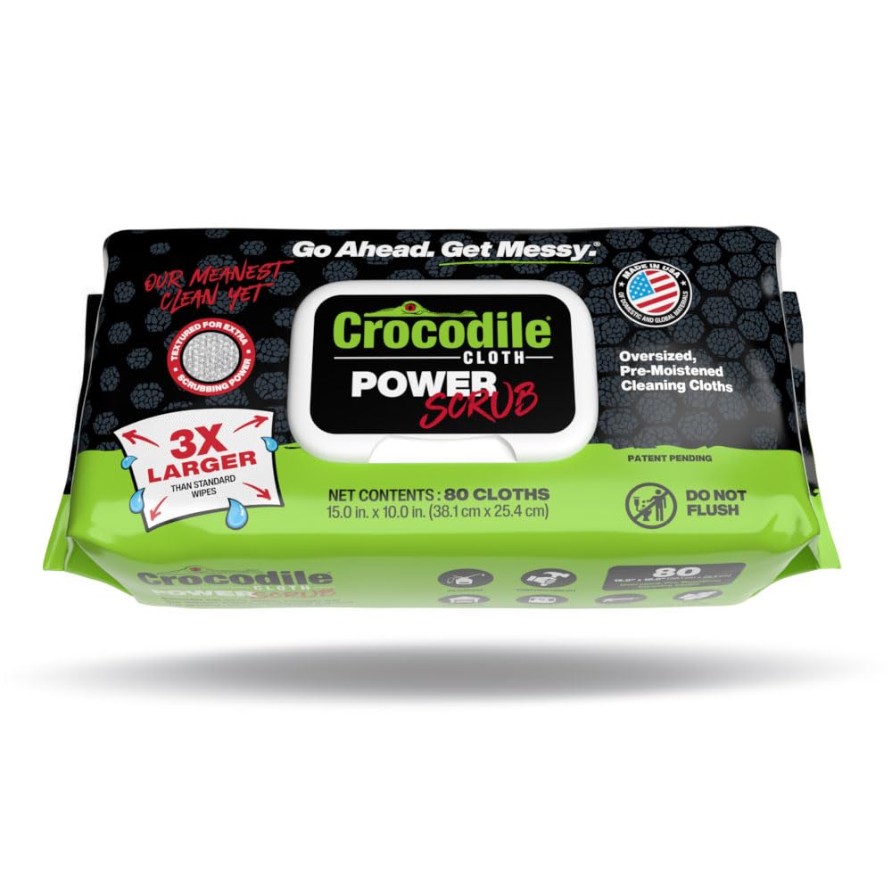 Crocodile Cloth PowerSCRUB Cleaning Wipes 80 15 x 10 Dual-Surface Cloths Heavy-Duty Moist Absorbent Disposable - Safe on
