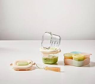 10 Baby Food Storage Containers,7 oz glass food jars w/lids 2 and 1.7 oz silicone baby food jars w/lids 8. Microwave heating, dishwasher use.store snacks, purees, breast milk and other items.